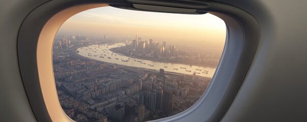 Fototapeta premium Aerial view of a city skyline at sunset, framed by an airplane window.