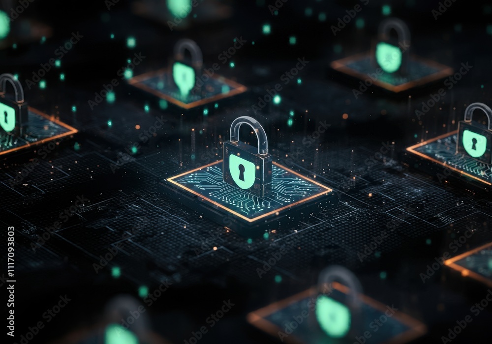 Poster businessman protecting personal data by lock icon of cyber security cybersecurity and privacy concep