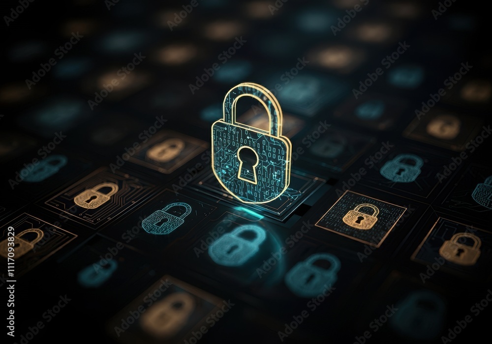 Poster businessman protecting personal data by lock icon of cyber security cybersecurity and privacy concep