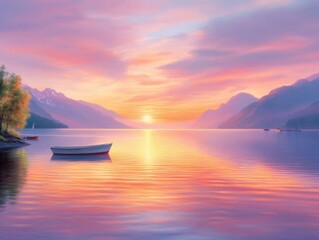 Fototapeta premium Serene Sunset over Calm Lake with Boats