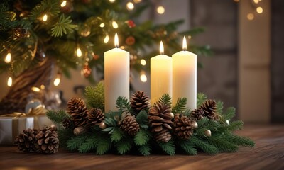 Softly glowing Christmas tree with candles, pinecones, and greenery , warm, pinecones, soft glow