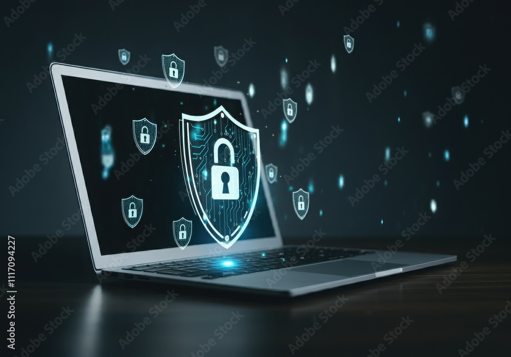 Poster businessman protecting personal data by lock icon of cyber security cybersecurity and privacy concep