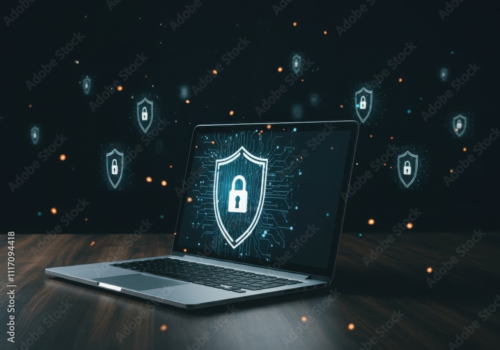 Poster businessman protecting personal data by lock icon of cyber security cybersecurity and privacy concep