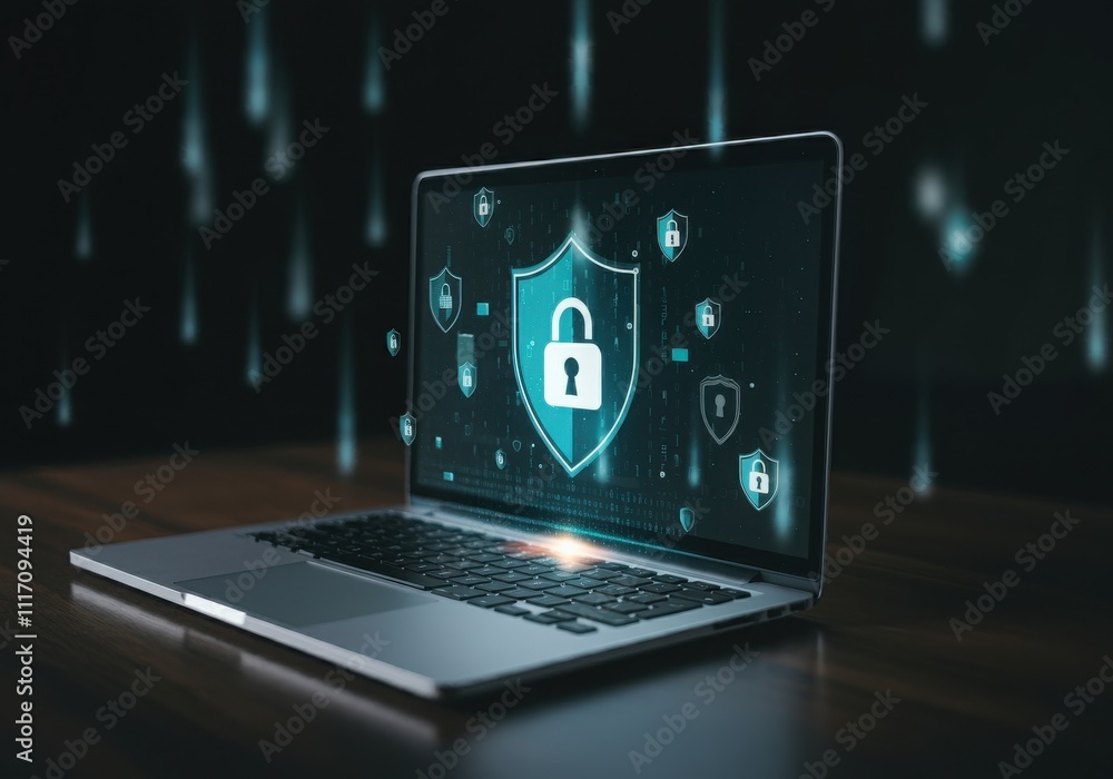 Poster businessman protecting personal data by lock icon of cyber security cybersecurity and privacy concep