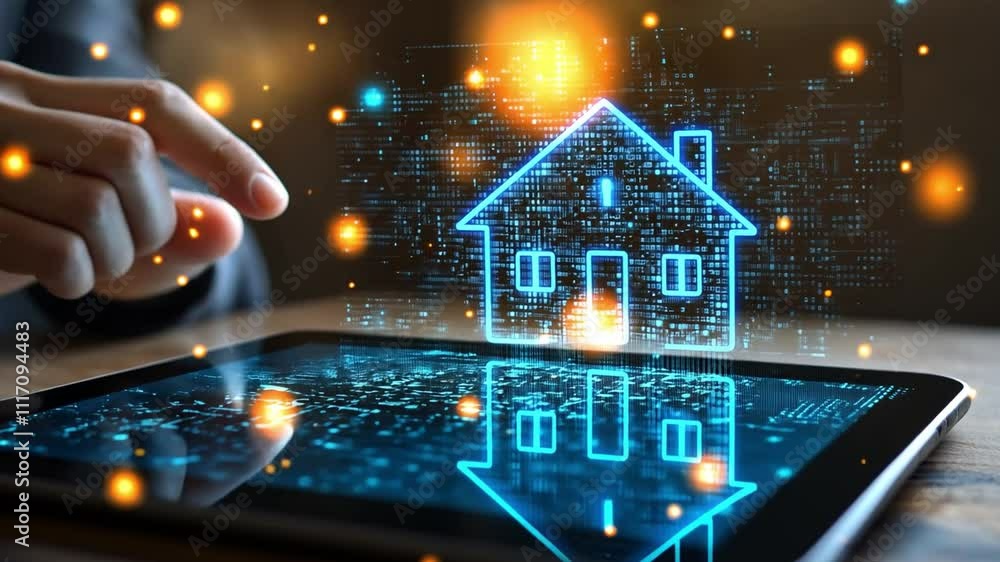Poster exploring smart home technology with a digital interface on a tablet device