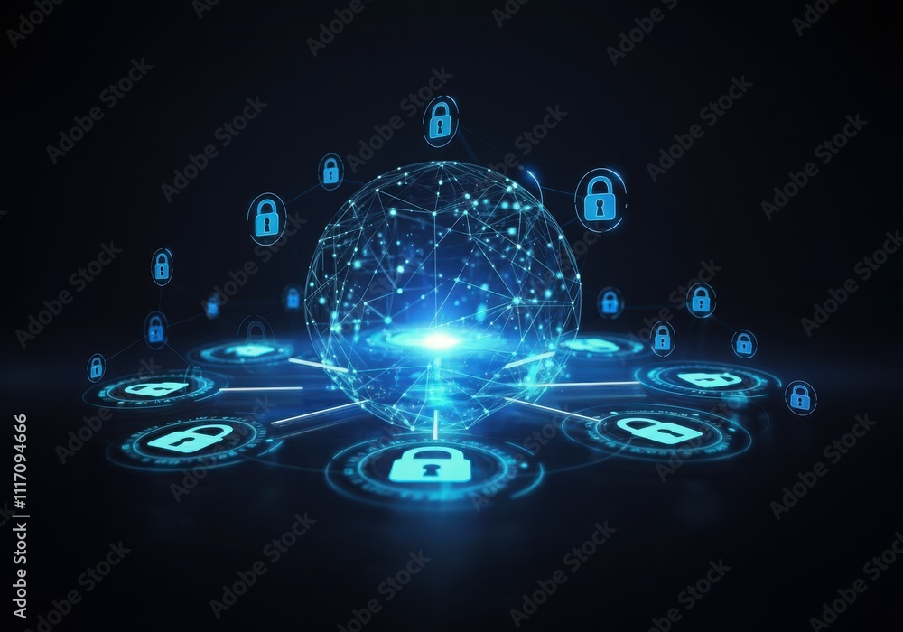 Poster businessman protecting personal data by lock icon of cyber security cybersecurity and privacy concep