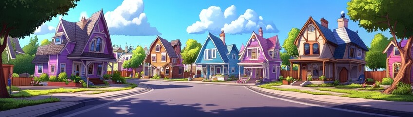 Naklejka premium Discover the charm of a playful neighborhood adorned with bright residences.