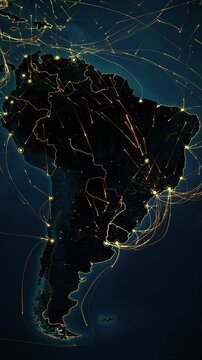 Animation of bright lines representing aerial, maritime, ground routes, country borders and city lights. South American map with bright connections.