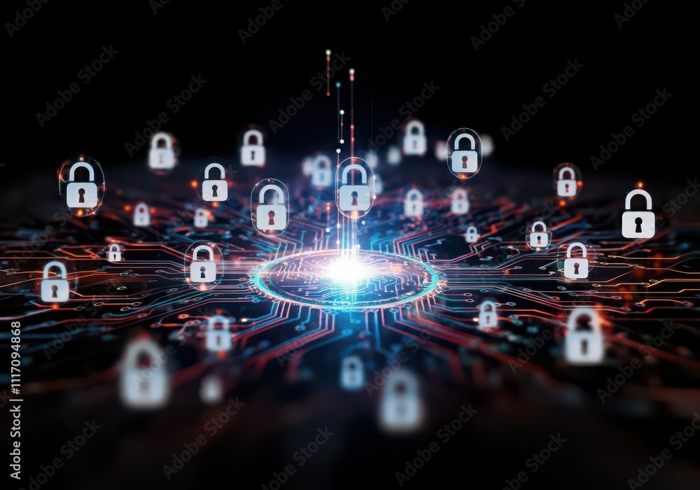Poster businessman protecting personal data by lock icon of cyber security cybersecurity and privacy concep