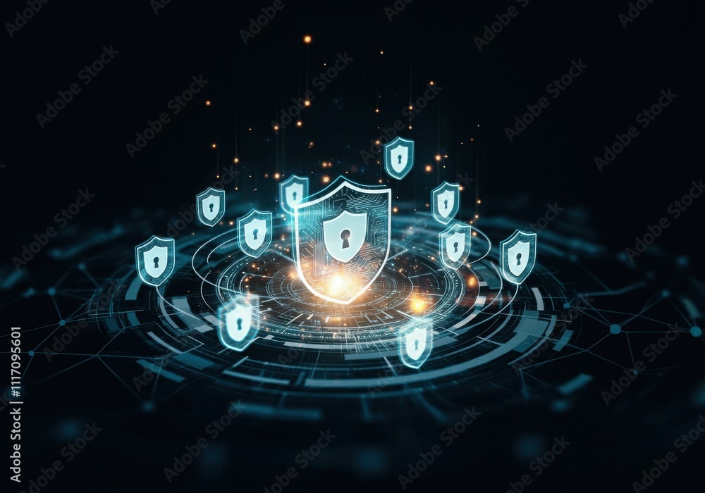 Poster businessman protecting personal data by lock icon of cyber security cybersecurity and privacy concep
