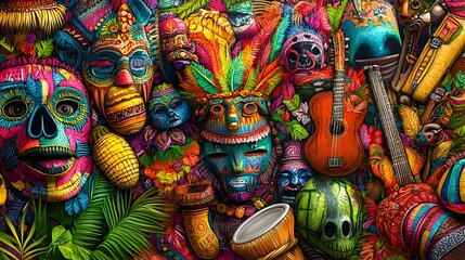 Fototapeta premium Vibrant collage of colorful tribal masks, musical instruments, and tropical foliage.