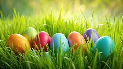 Colorful Easter eggs hidden in tall grass field, Easter, eggs, grass, field, hunt, spring, holiday, hidden, colorful