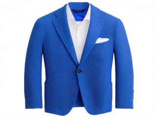 Classic Blue Blazer Close-Up with Peak Lapels and Synthetic Fabric