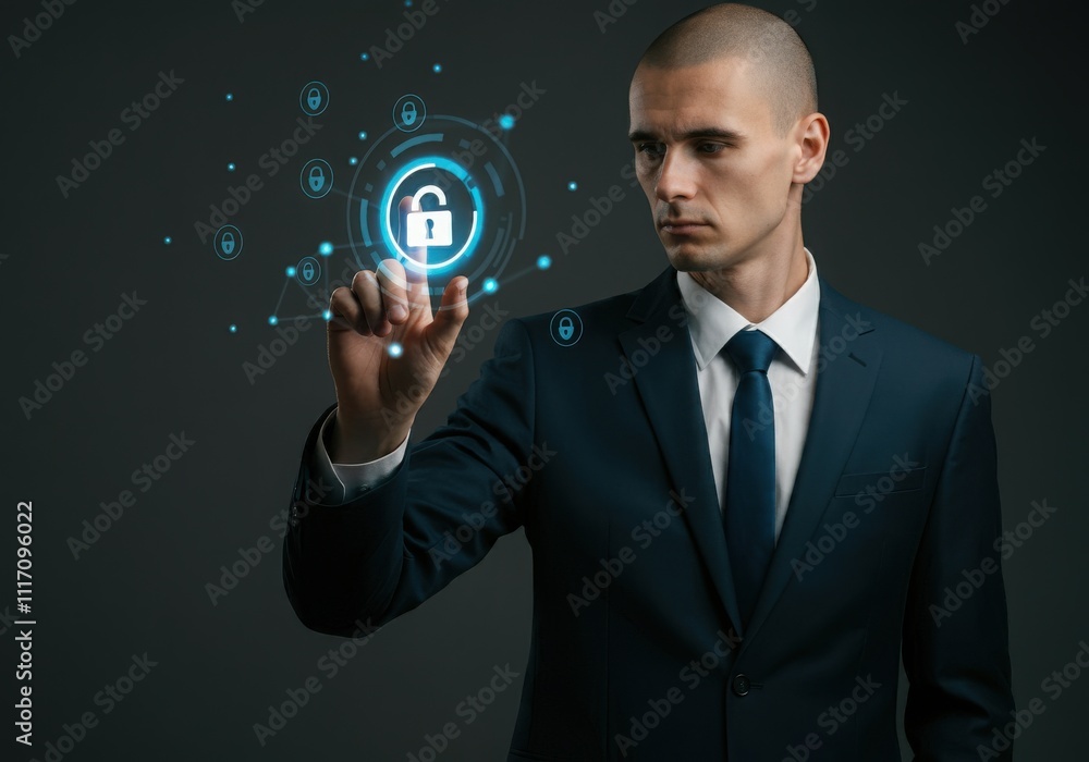 Poster businessman protecting personal data by lock icon of cyber security cybersecurity and privacy concep