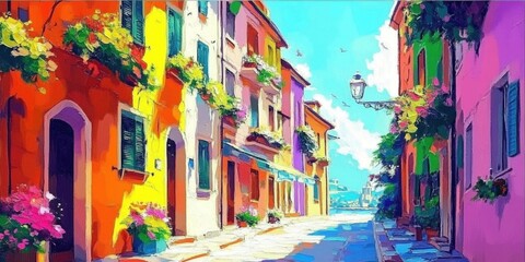 Naklejka premium An artistic representation featuring the airy and colorful atmosphere of Lombardian streets.