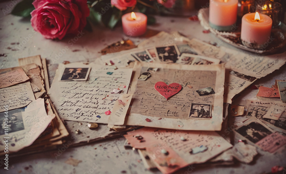 Aufkleber Stack of letters with a heart on one of them. The letters are written in cursive and are on top of a table