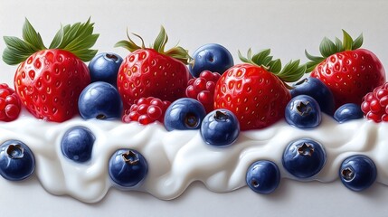 Strawberries, blueberries, raspberries in cream.