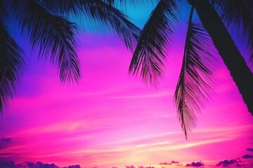 Serene evening atmosphere featuring palm trees and colorful clouds. 