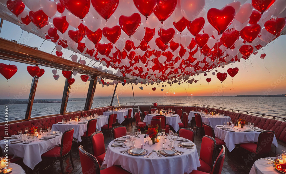 Poster Red and white table setting with a large number of red balloons. The balloons are arranged in a way that they look like hearts