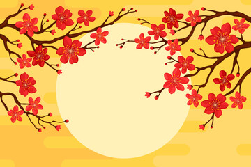 Branch with red sakura flowers on a yellow background, copyspace for your text. Postcard or banner template for Lunar New Year, Chinese New Year, Tet. Spring apricot, cherry or apple flowers.