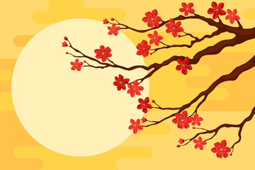 Branch with red sakura flowers on a yellow background, copyspace for your text. Postcard or banner template for Lunar New Year, Chinese New Year, Tet. Spring apricot, cherry or apple flowers.