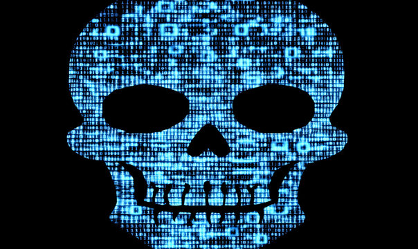 Digital skull formed from binary code; concept for cybersecurity, hacking, data security, or digital death.