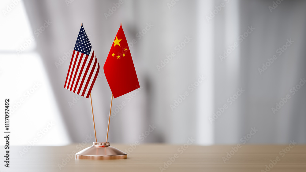 Poster the flags of the united states and china are on the table in the conference hall.. 3d rendering