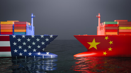 Two cargo ships from the United States and China carrying import and export cargo are heading...