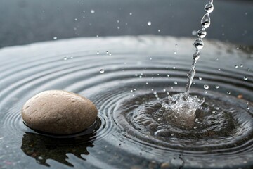 Water droplets hitting a smooth stone create ripples and water spray, stone, splash, physics in nature, natural phenomenon
