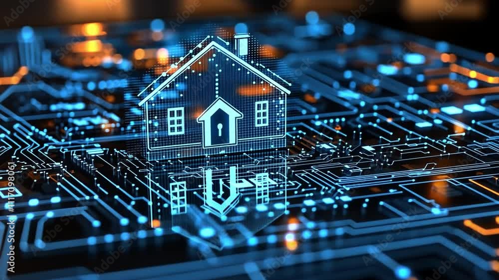 Poster digital home representation on a circuit board with glowing connections and futuristic elements