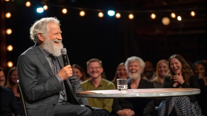 Under the warm glow of stage lights a retiree with a distinguished silver beard sits at a round table elegantly dressed in a charcoal suit. He has a microphone in hand and a