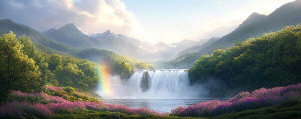 Majestic Waterfall in a Dreamlike Mountain Landscape with Rainbow.