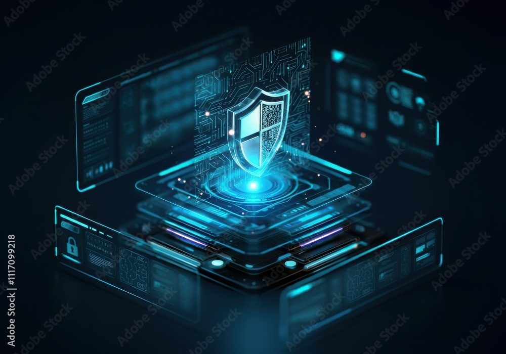 Poster businessman protecting personal data by lock icon of cyber security cybersecurity and privacy concep
