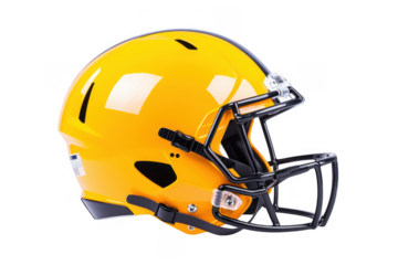 American Football Helmet Close Up Product Photography Isolated Dark Background Yellow Sports Equipment Focus On Details