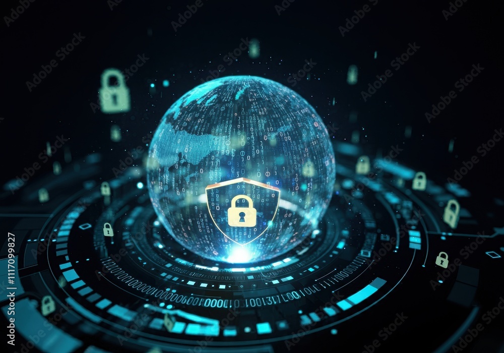Poster businessman protecting personal data by lock icon of cyber security cybersecurity and privacy concep