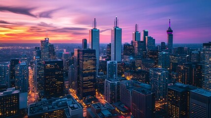 Fototapeta premium Vibrant sunset cityscape panorama with skyscrapers and city lights.