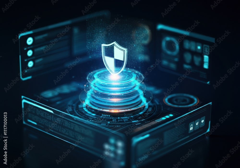 Poster businessman protecting personal data by lock icon of cyber security cybersecurity and privacy concep
