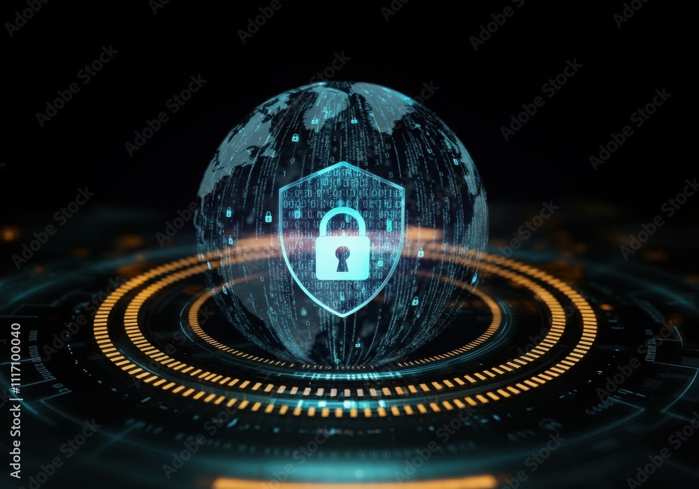 Poster businessman protecting personal data by lock icon of cyber security cybersecurity and privacy concep