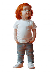 Red-Headed American Child Wearing US Flag-Inspired Graphic Tee Against Neutral Background