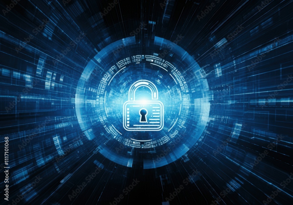 Poster businessman protecting personal data by lock icon of cyber security cybersecurity and privacy concep