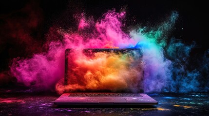 Laptop engulfed in vibrant, colorful powder explosion.