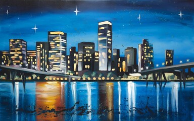 Obraz premium A night view of the city acrylic wall painting illustration image.