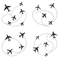 Travel concept. Dotted path airplane.  Aircraft tracking. Airplane route plane path vector illustration