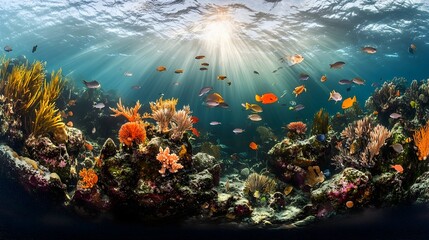 Obraz premium Vibrant underwater scene with colorful coral reef and diverse fish species swimming in sunlit ocean.