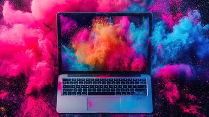 Laptop surrounded by vibrant colorful powder explosion.