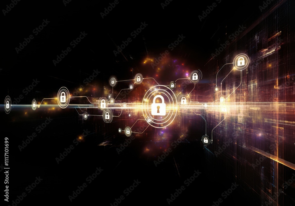 Poster businessman protecting personal data by lock icon of cyber security cybersecurity and privacy concep