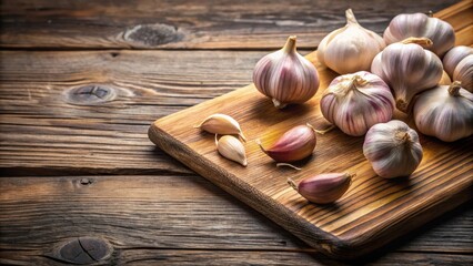 Garlic cloves on a rustic wooden cutting board, garlic, food, seasoning, ingredient, wooden board, cooking, organic, fresh