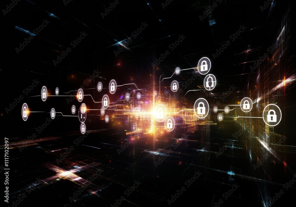 Poster businessman protecting personal data by lock icon of cyber security cybersecurity and privacy concep