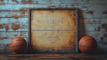Vintage basketball court diagram framed print with two basketballs on rustic wooden surface and wall.