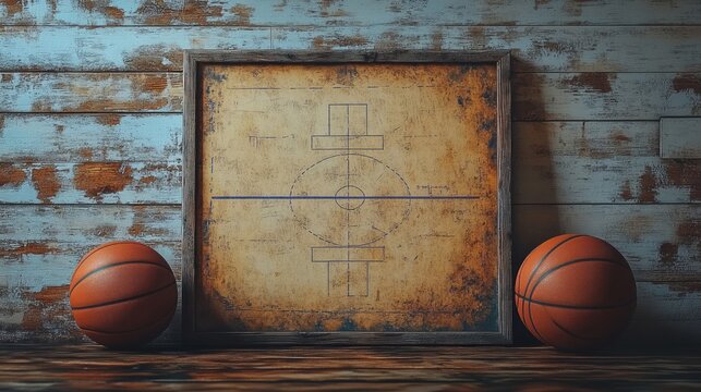 Vintage basketball court diagram framed print with two basketballs on rustic wooden surface and wall.